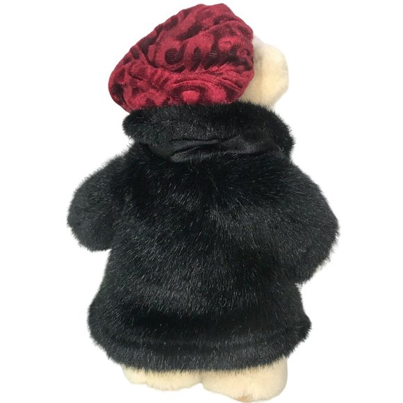 Russ Collectible Stuffed Teddy Bear Sasha Faux Fur Black Coat & Red Beret Hat 8" - Picture 3 of 7
